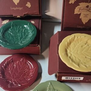 Longaberger Leaf Design Plates in Green, Red, and Yellow